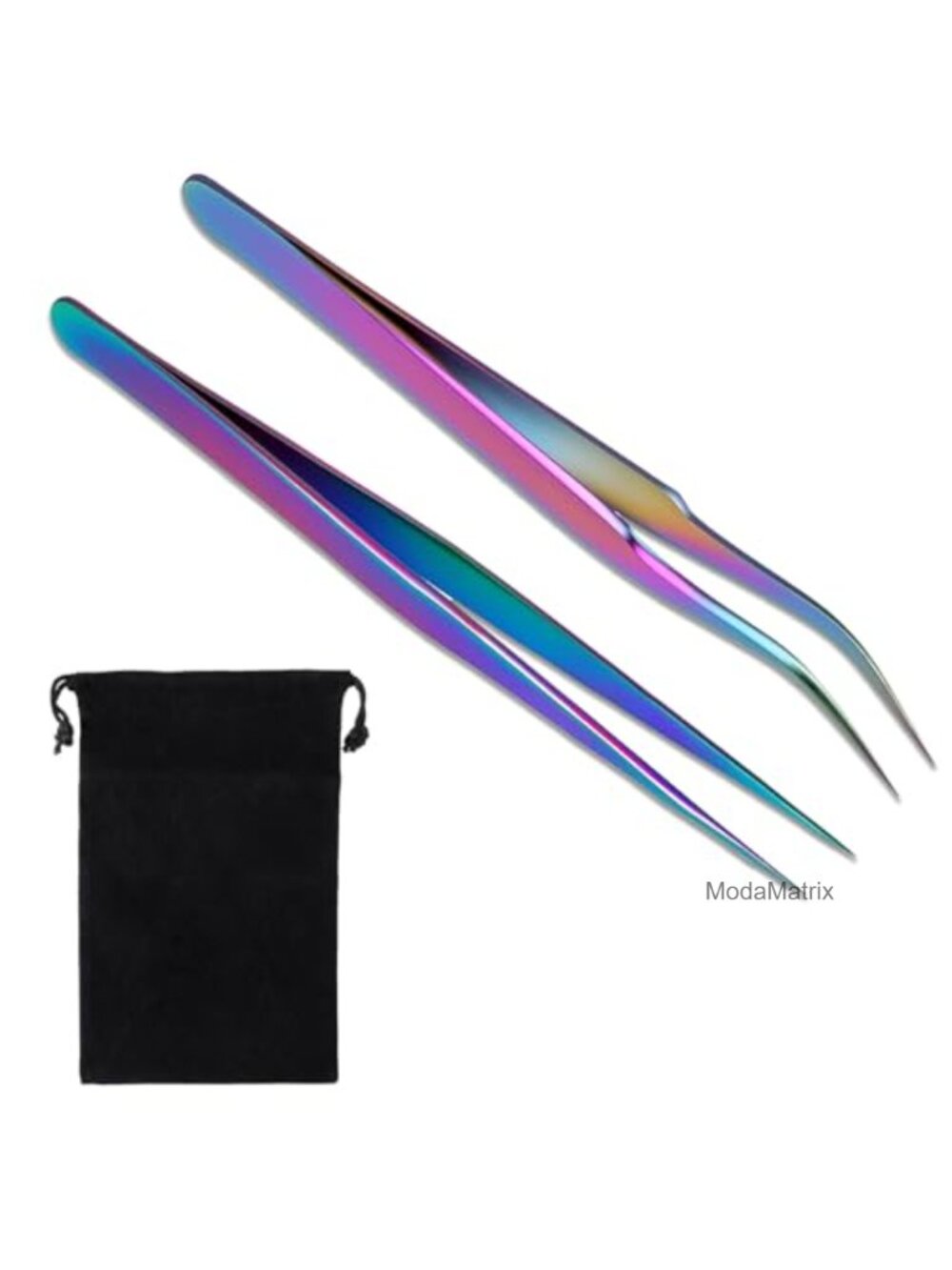 2PCS Stainless Steel Tweezers Set Straight Curved Tip Eyelash Extensions